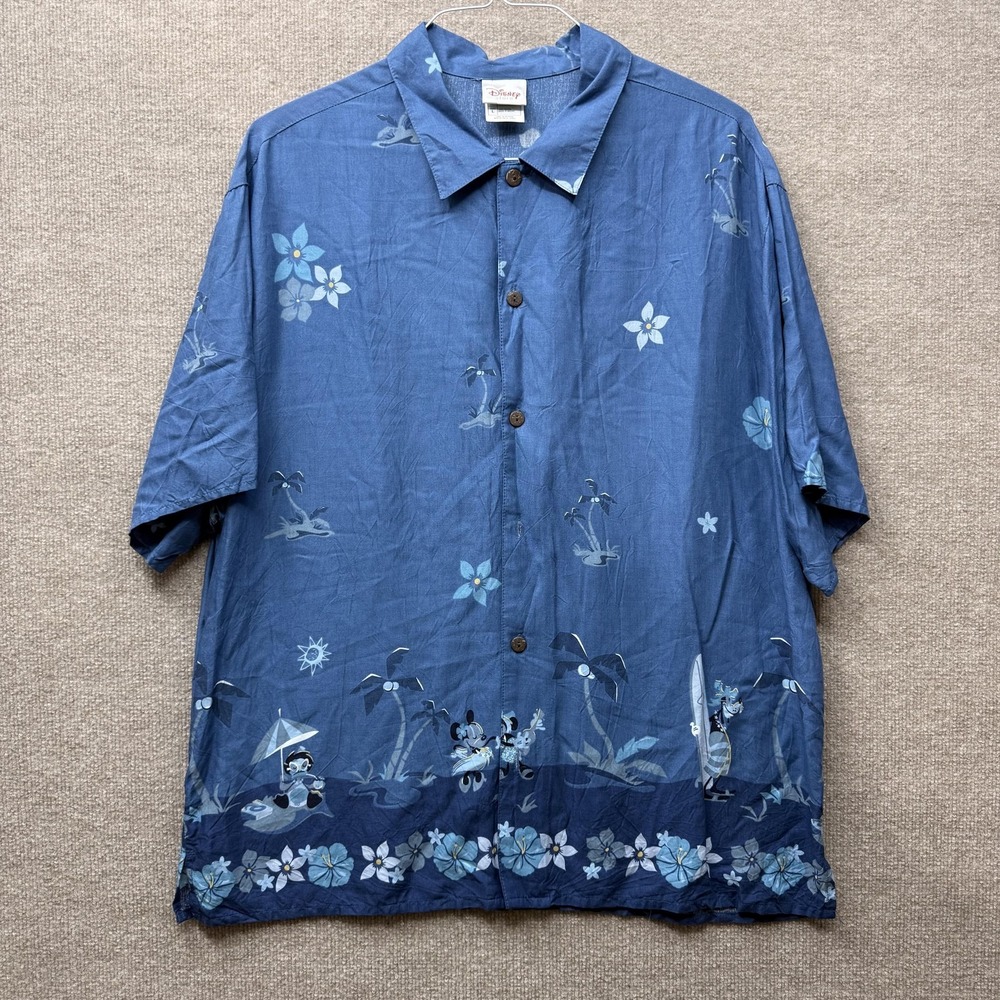 Disney‎ Store Shirt Mens Large Blue Hawaiian Mickey Goofy Donald Rayon Floral